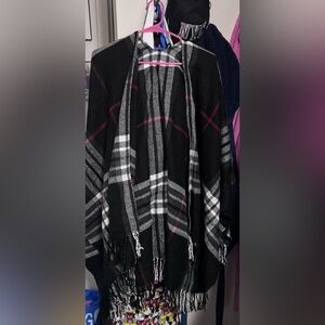 Woman’s Plaid Black and White shawl Poncho- one size